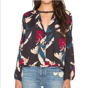 Tulatosa Michael Tunic Top Tropical Floral Black Blue Button Front Shirt Choker